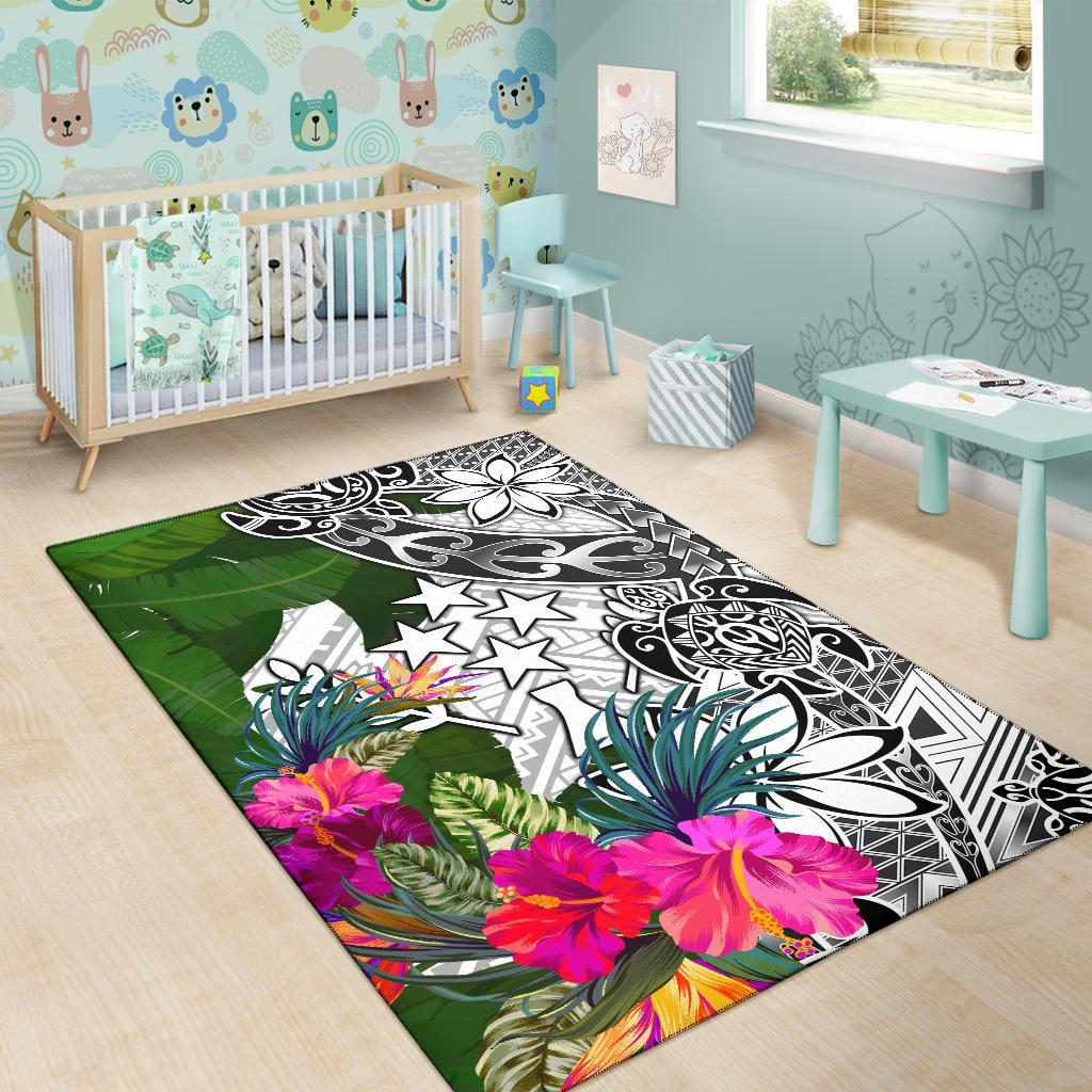 Kosrae Area Rug White - Turtle Plumeria Banana Leaf