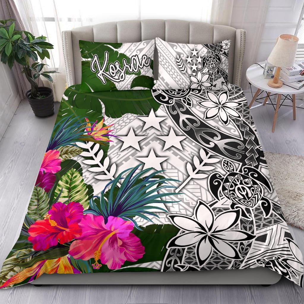Kosrae Bedding Set White - Turtle Plumeria Banana Leaf