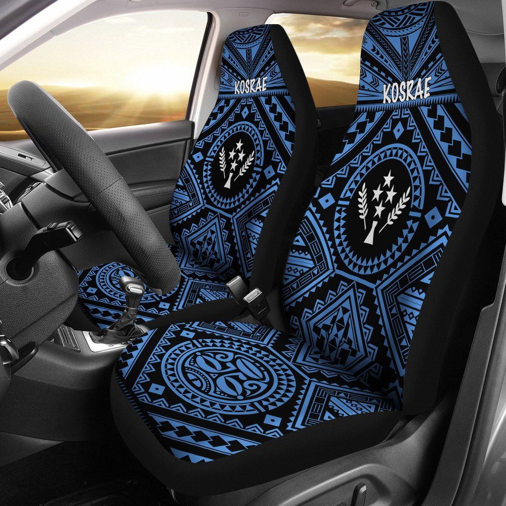Kosrae Car Seat Covers - Kosrae Flag In Polynesian Tattoo Style (Blue)