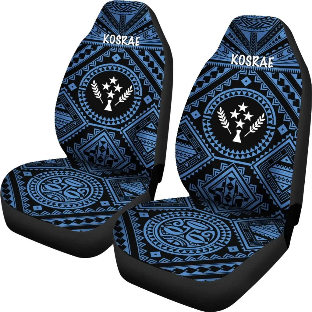 Kosrae Car Seat Covers - Kosrae Flag In Polynesian Tattoo Style (Blue)