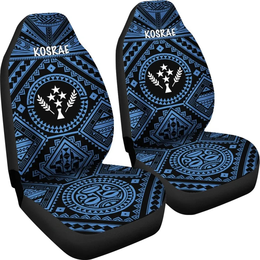 Kosrae Car Seat Covers - Kosrae Flag In Polynesian Tattoo Style (Blue)
