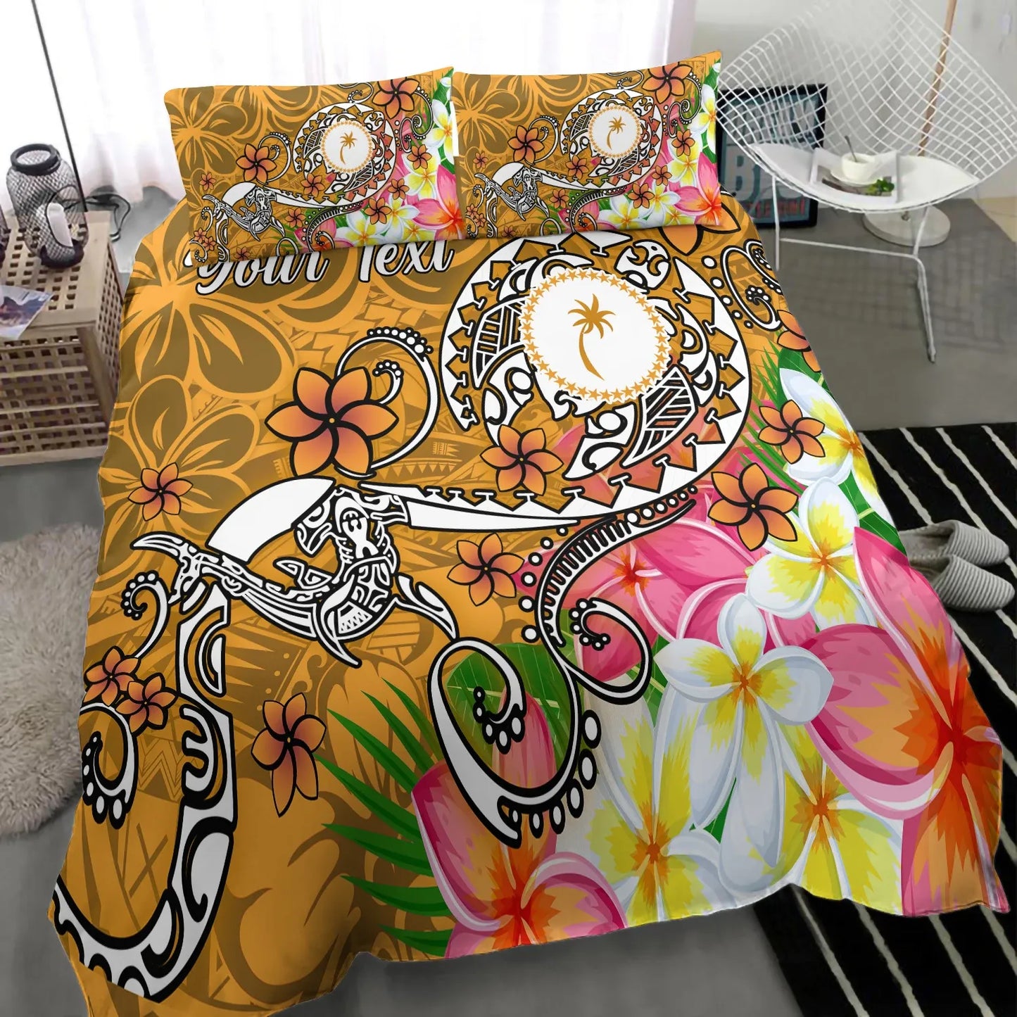 Kosrae Custom Personalised Bedding Set - Turtle Plumeria (Gold)