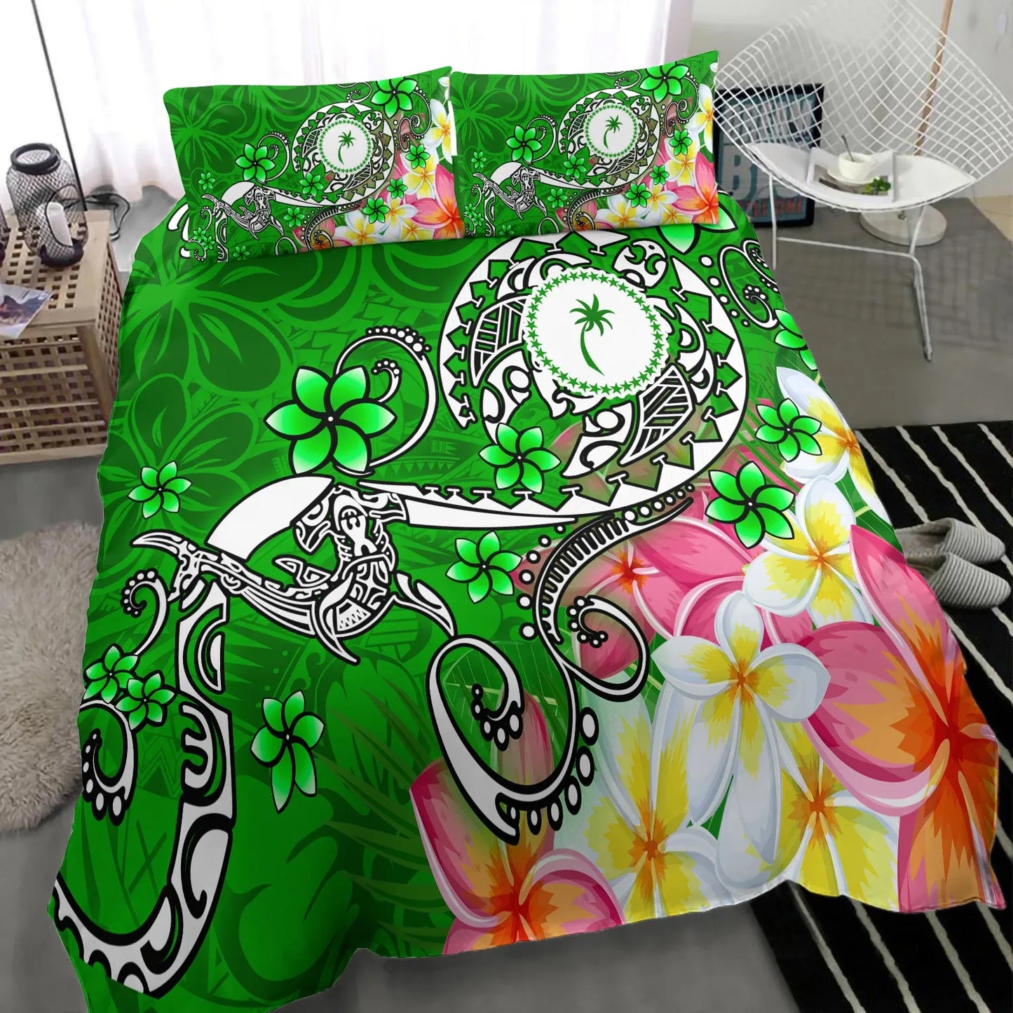 Kosrae Custom Personalised Bedding Set - Turtle Plumeria (Green)