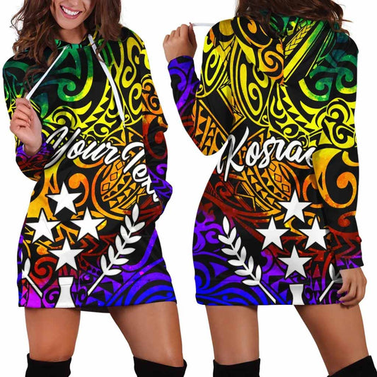 Kosrae Custom Personalised Hoodie Dress - Rainbow Polynesian Pattern