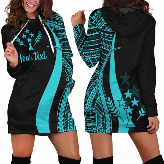 Kosrae Custom Personalised Hoodie Dress - Turquoise Polynesian Tentacle Pattern