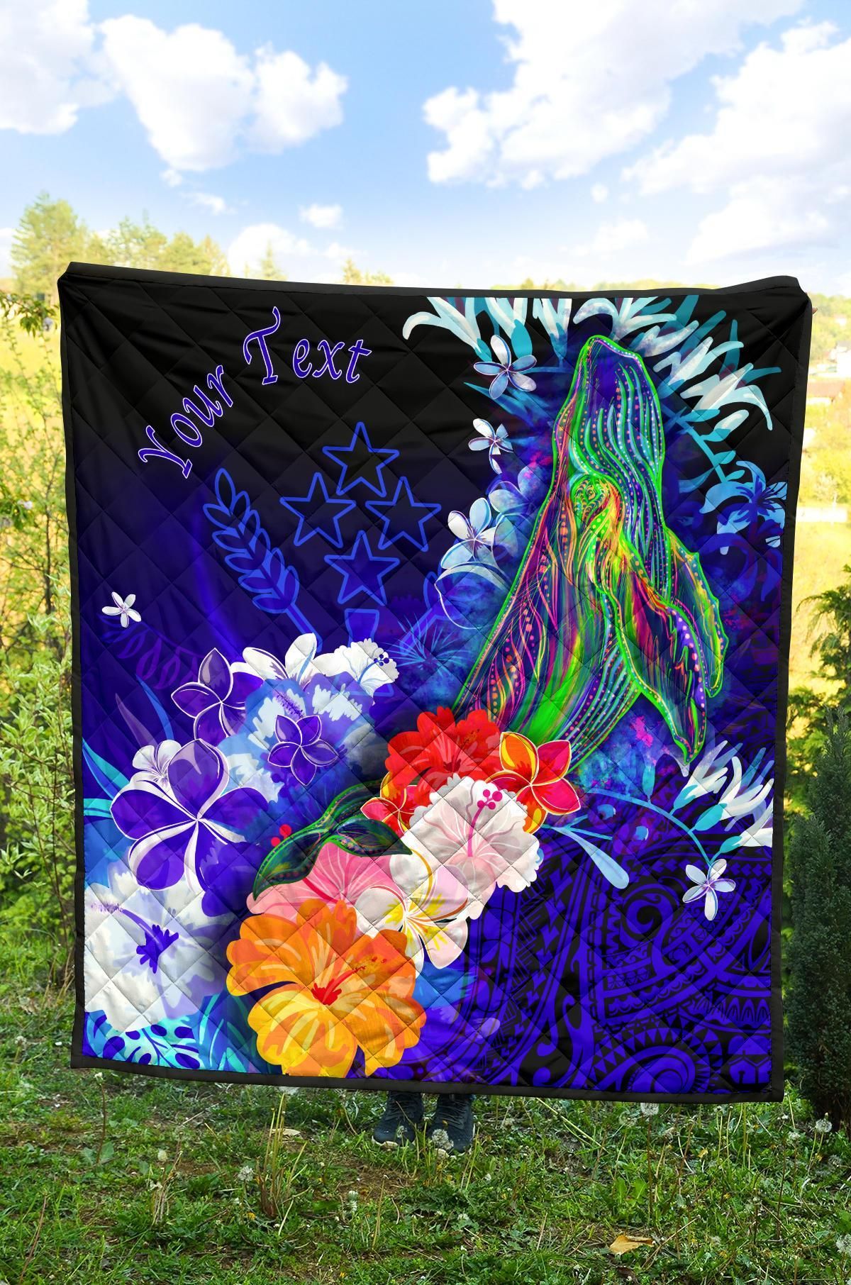 Kosrae Custom Personalised Premium Quilt - Humpback Whale with Tropical Flowers (Blue)
