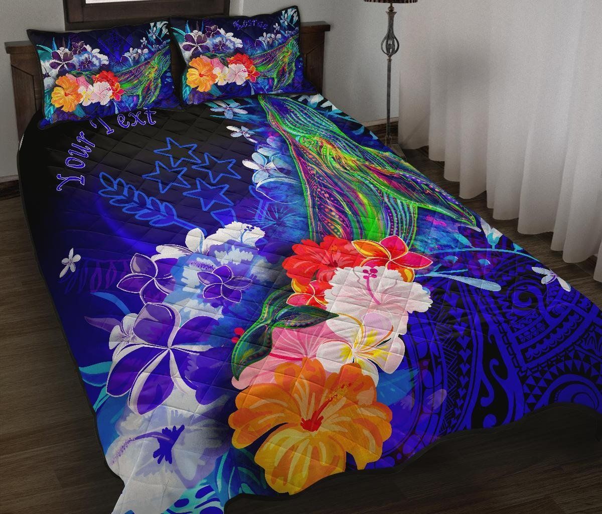 Kosrae Custom Personalised Quilt Bed Set - Humpback Whale with Tropical Flowers (Blue)