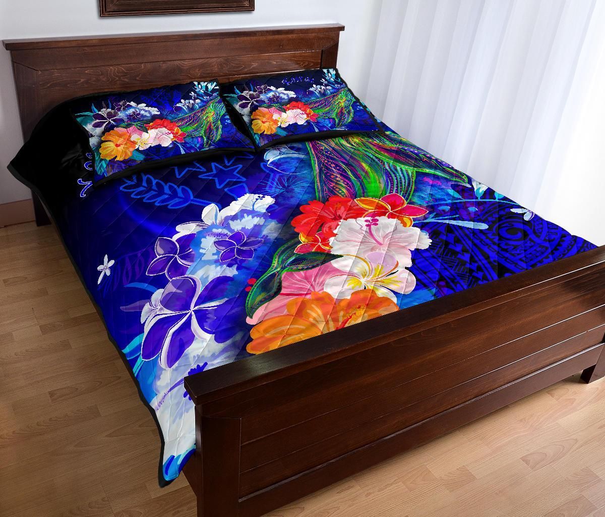 Kosrae Custom Personalised Quilt Bed Set - Humpback Whale with Tropical Flowers (Blue)