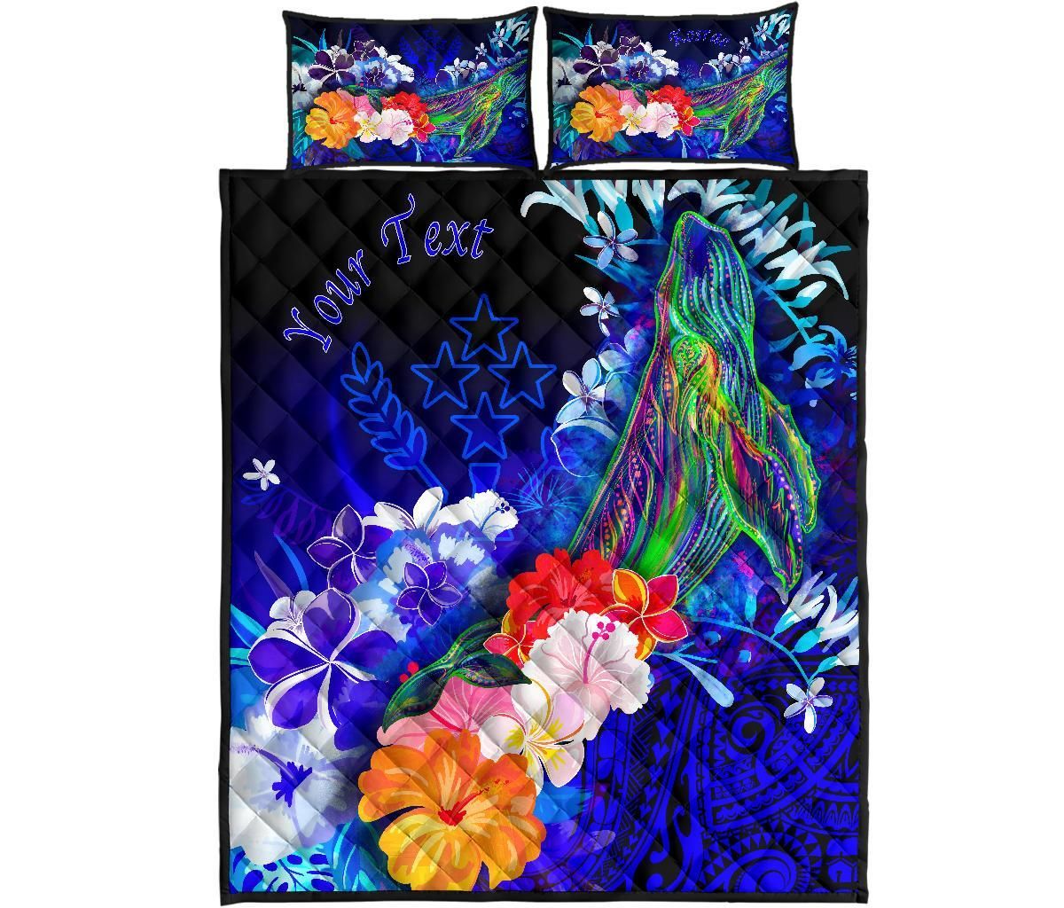 Kosrae Custom Personalised Quilt Bed Set - Humpback Whale with Tropical Flowers (Blue)