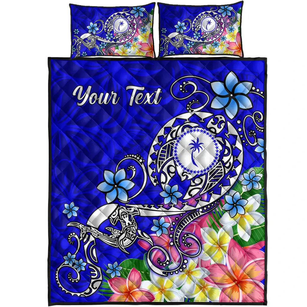 Kosrae Custom Personalised Quilt Bed Set - Turtle Plumeria (Blue)