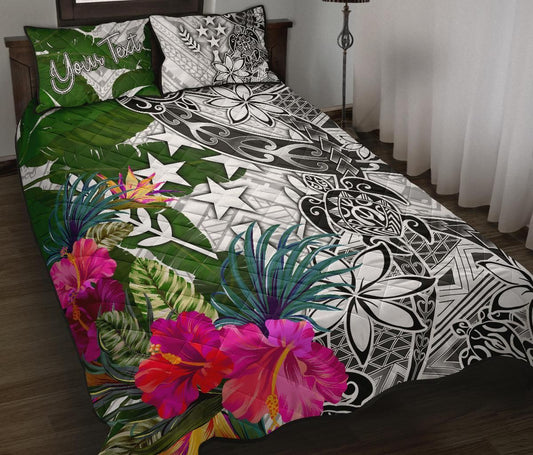Kosrae Custom Personalised Quilt Bed Set White - Turtle Plumeria Banana Leaf