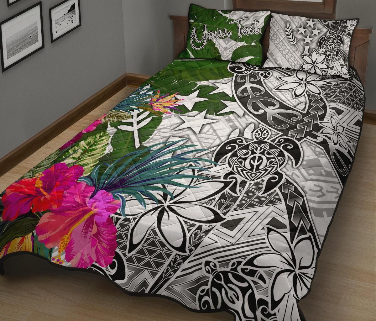 Kosrae Custom Personalised Quilt Bed Set White - Turtle Plumeria Banana Leaf