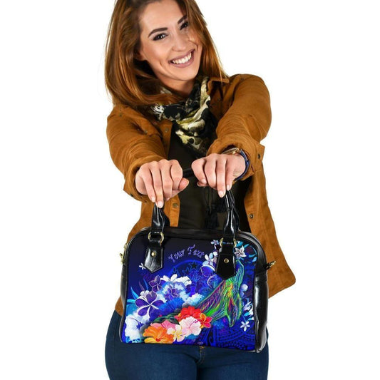 Kosrae Custom Personalised Shoulder Handbag - Humpback Whale With Tropical Flowers (Blue)