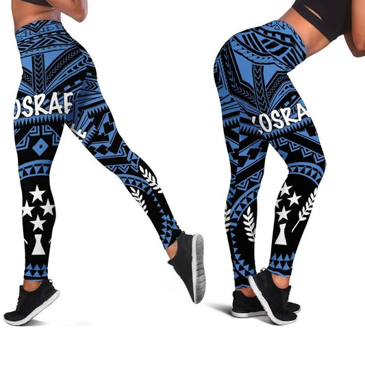 Kosrae Legging - Kosrae Flag In Polynesian Tattoo Style (Blue)