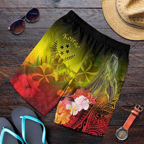 Kosrae Men Shorts - Humpback Whale with Tropical Flowers (Yellow)