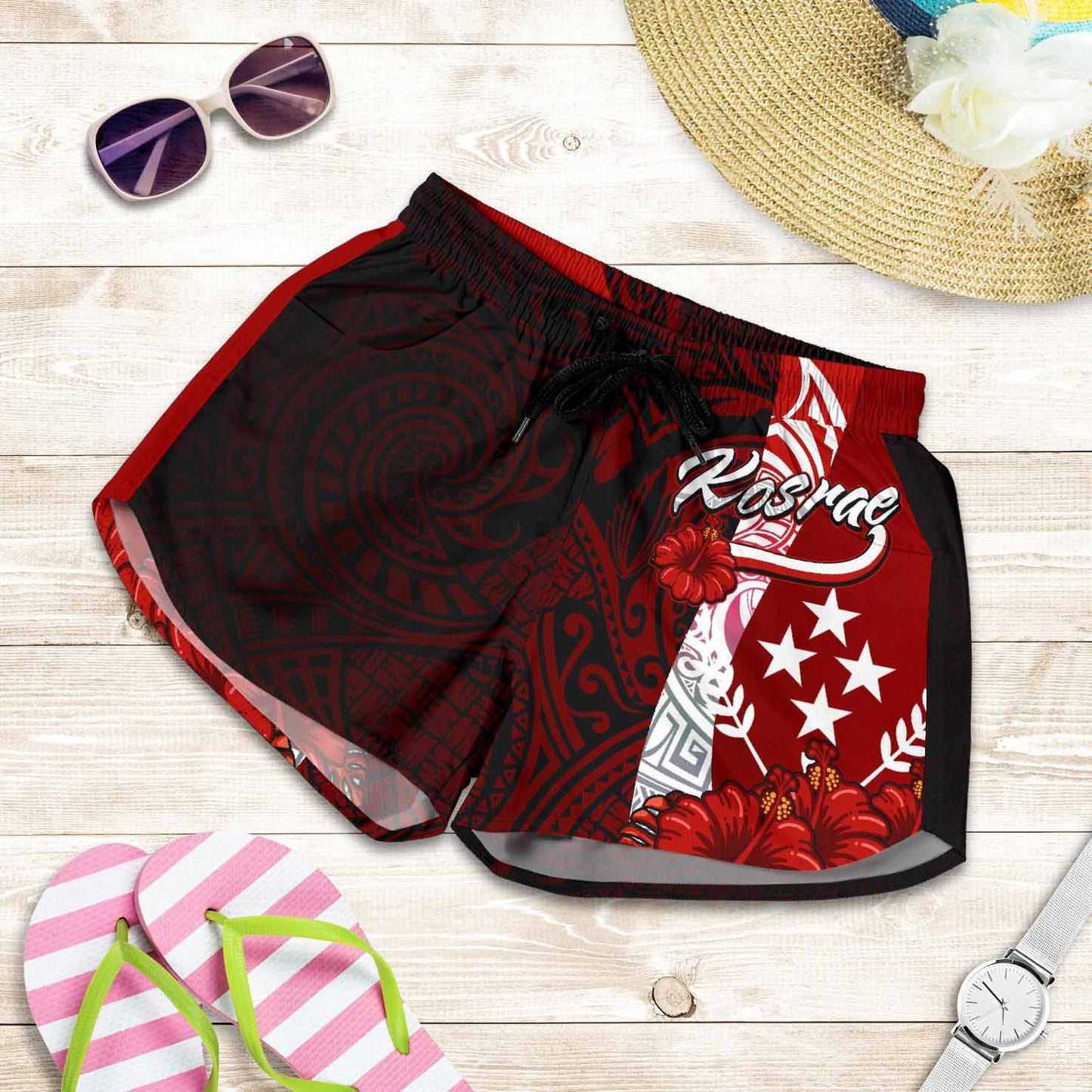 Kosrae Micronesia Women Shorts - Coat Of Arm With Hibiscus