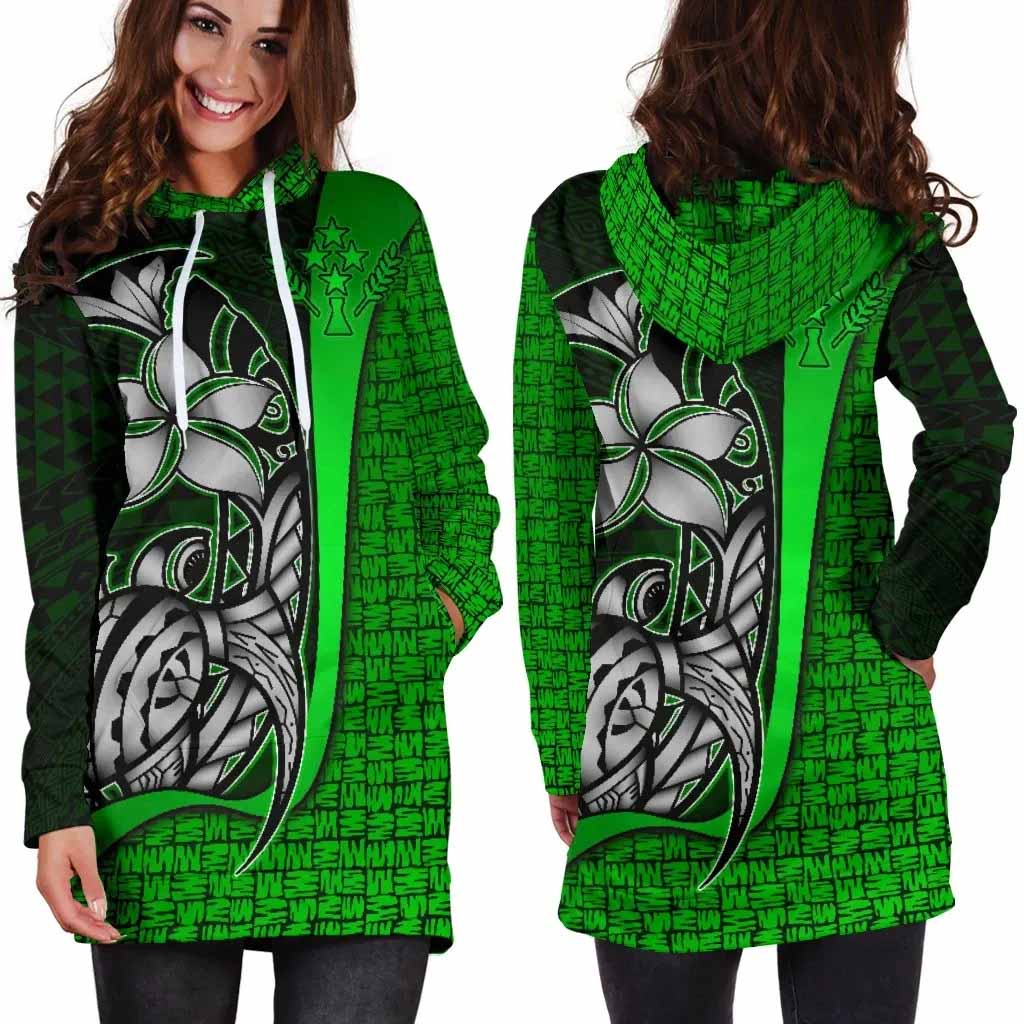 Kosrae Micronesian Female Hoodie Dress Green - Turtle With Hook