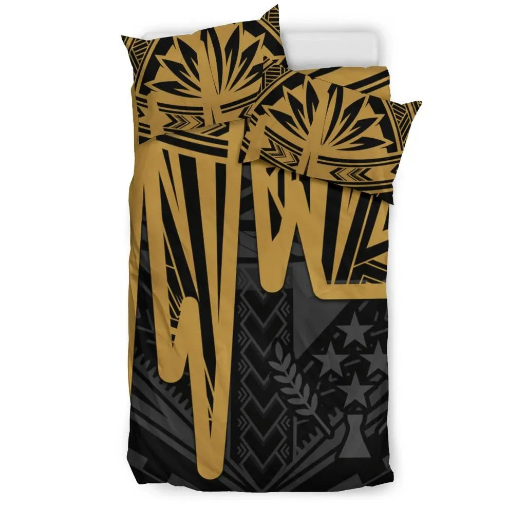 Kosrae Personalised Bedding Set - Kosrae Seal In Heartbeat Patterns Style (Gold)