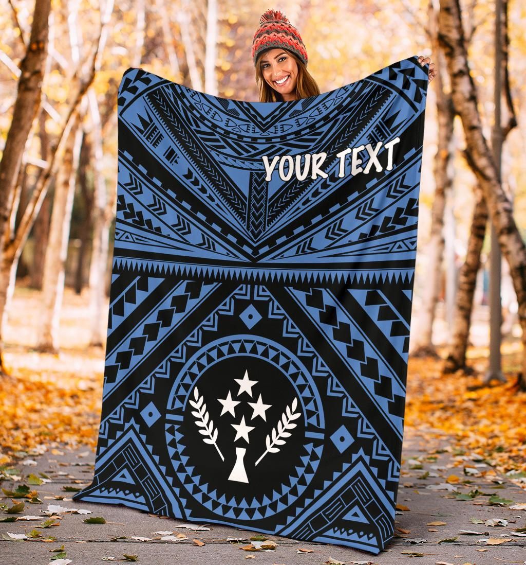 Kosrae Personalised Premium Blanket - Kosrae Flag In Polynesian Tattoo Style (Blue)