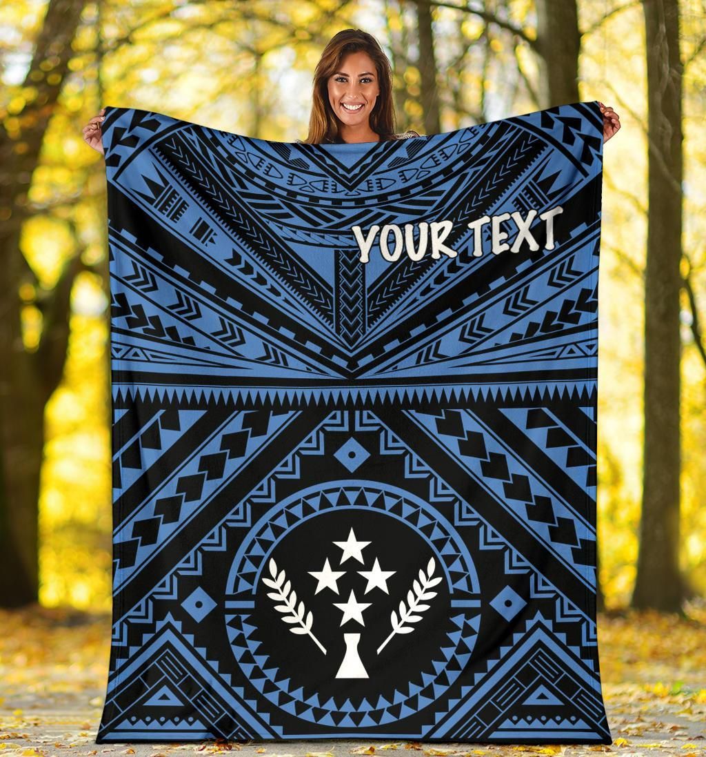 Kosrae Personalised Premium Blanket - Kosrae Flag In Polynesian Tattoo Style (Blue)