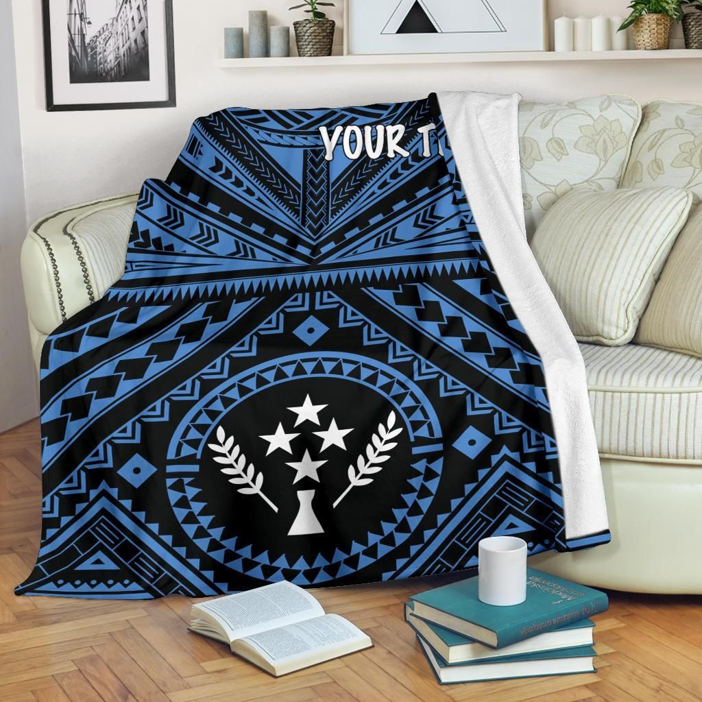 Kosrae Personalised Premium Blanket - Kosrae Flag In Polynesian Tattoo Style (Blue)