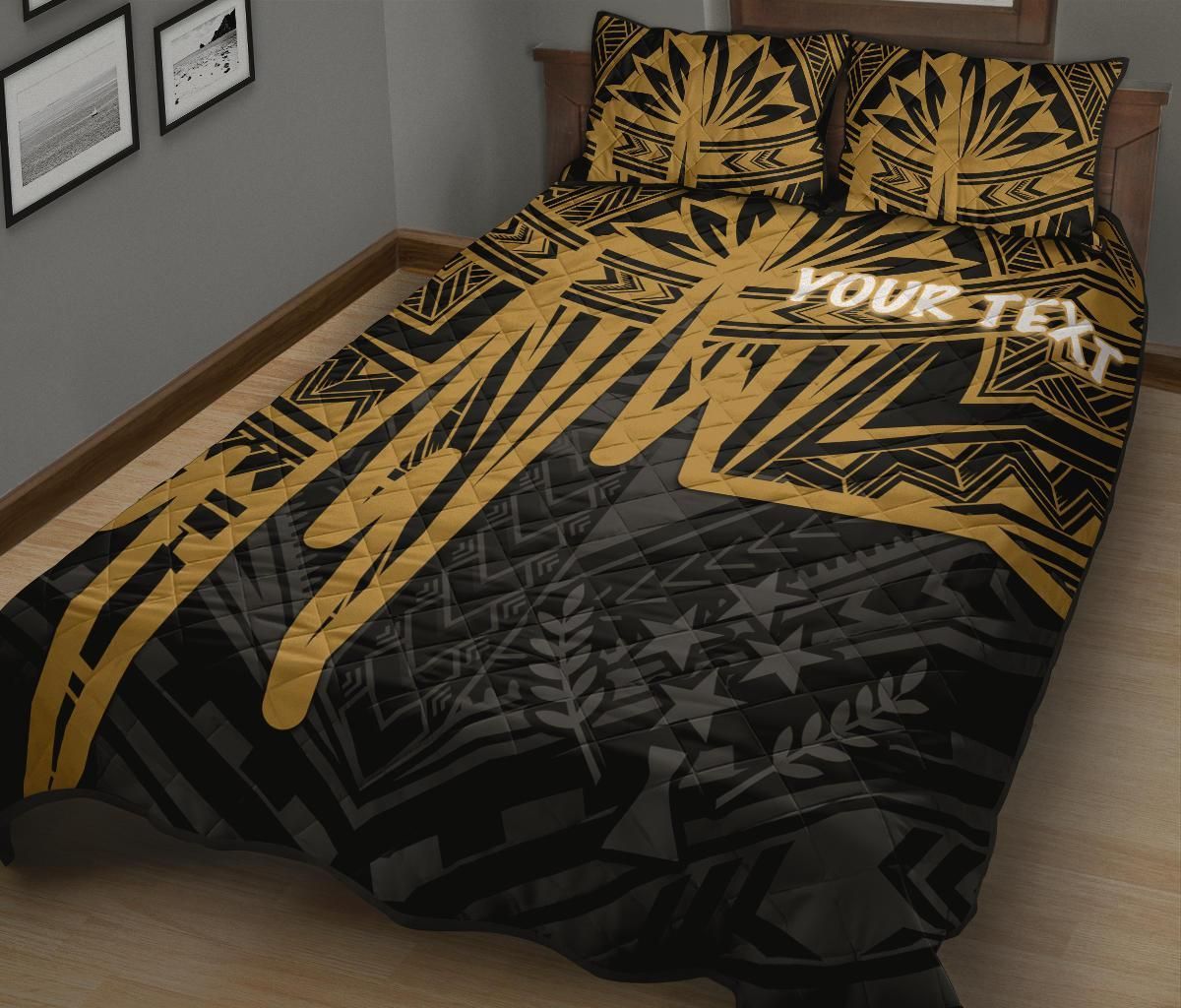 Kosrae Personalised Quilt Bed Set - Kosrae Seal In Heartbeat Patterns Style (Gold)