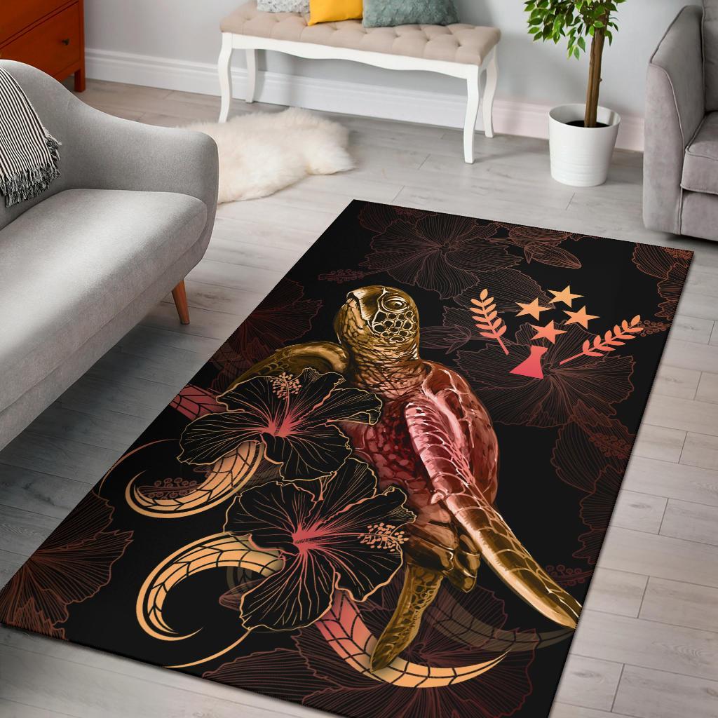 Kosrae Polynesian Area Rugs - Turtle With Blooming Hibiscus Gold
