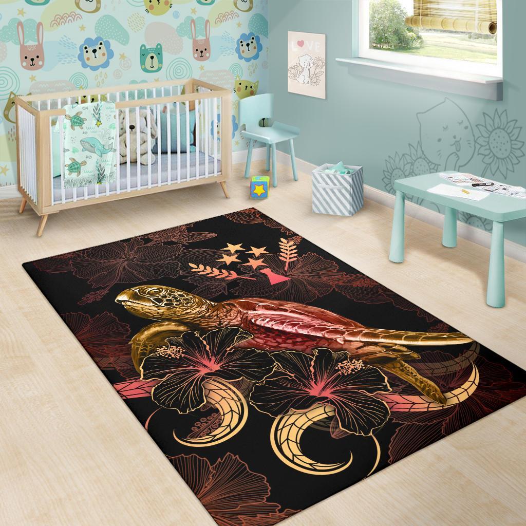 Kosrae Polynesian Area Rugs - Turtle With Blooming Hibiscus Gold