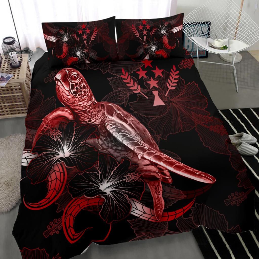Kosrae Polynesian Bedding Set - Turtle With Blooming Hibiscus Red