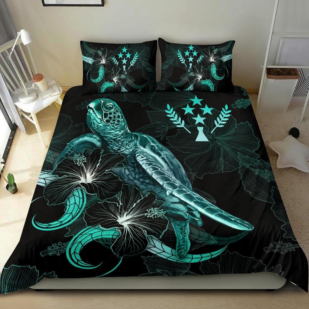 Kosrae Polynesian Bedding Set - Turtle With Blooming Hibiscus Turquoise