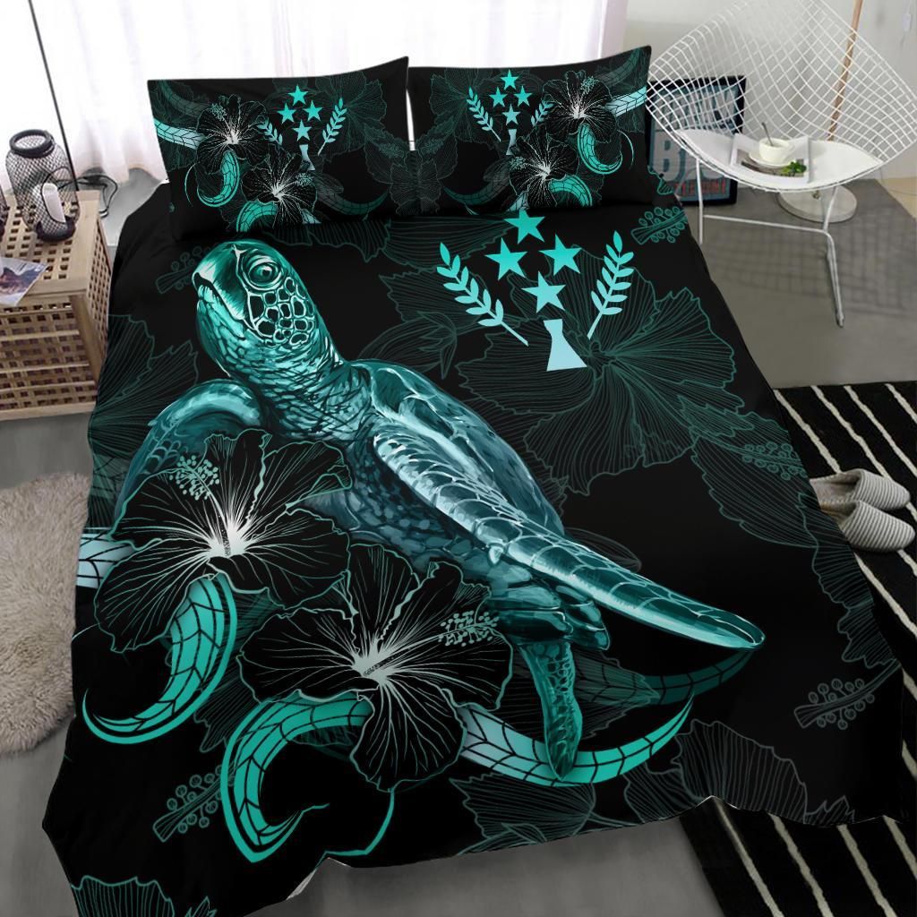 Kosrae Polynesian Bedding Set - Turtle With Blooming Hibiscus Turquoise