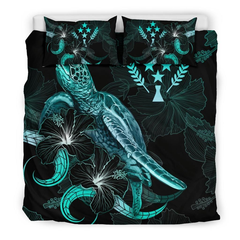 Kosrae Polynesian Bedding Set - Turtle With Blooming Hibiscus Turquoise