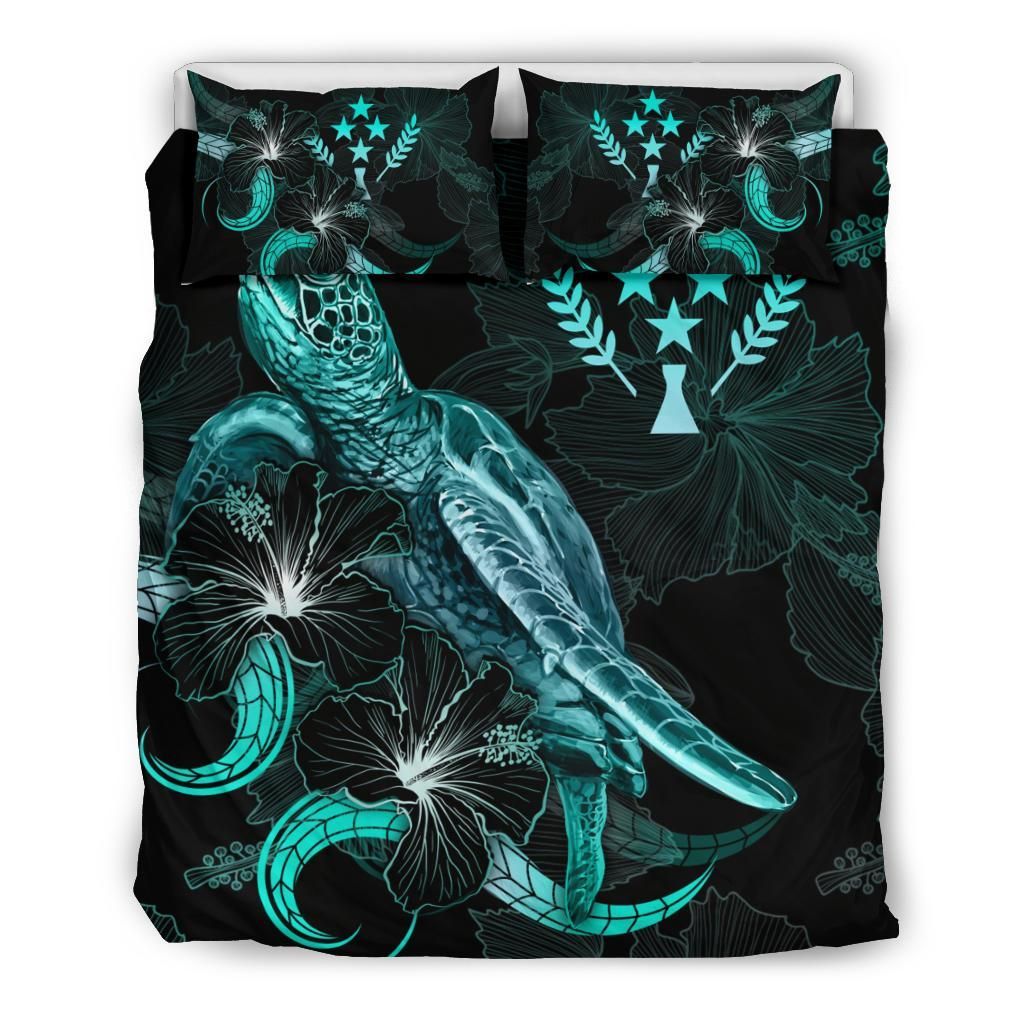 Kosrae Polynesian Bedding Set - Turtle With Blooming Hibiscus Turquoise