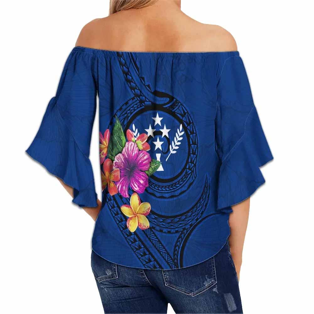 Kosrae Polynesian Custom Personalized Off Shoulder Wrap Waist Top - Floral With Seal Blue