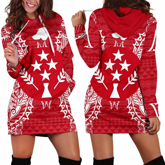 Kosrae Polynesian Hoodie Dress Map Red White