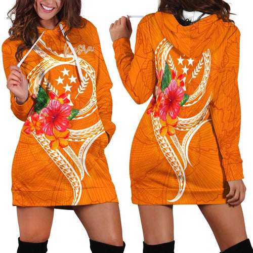 Kosrae Polynesian Hoodie Dress - Orange Floral With Seal