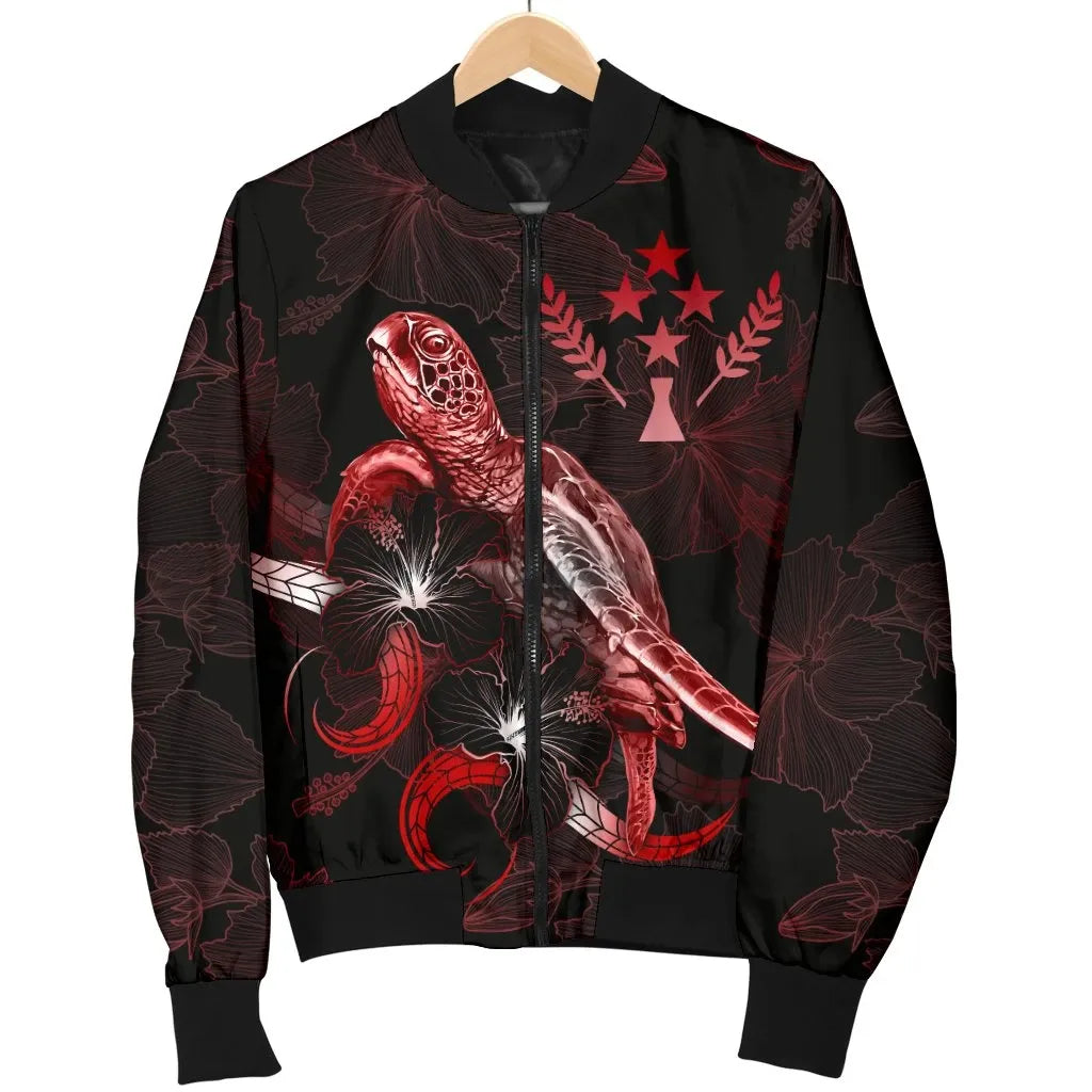 Kosrae Polynesian Bomber Jacket - Turtle With Blooming Hibiscus Red