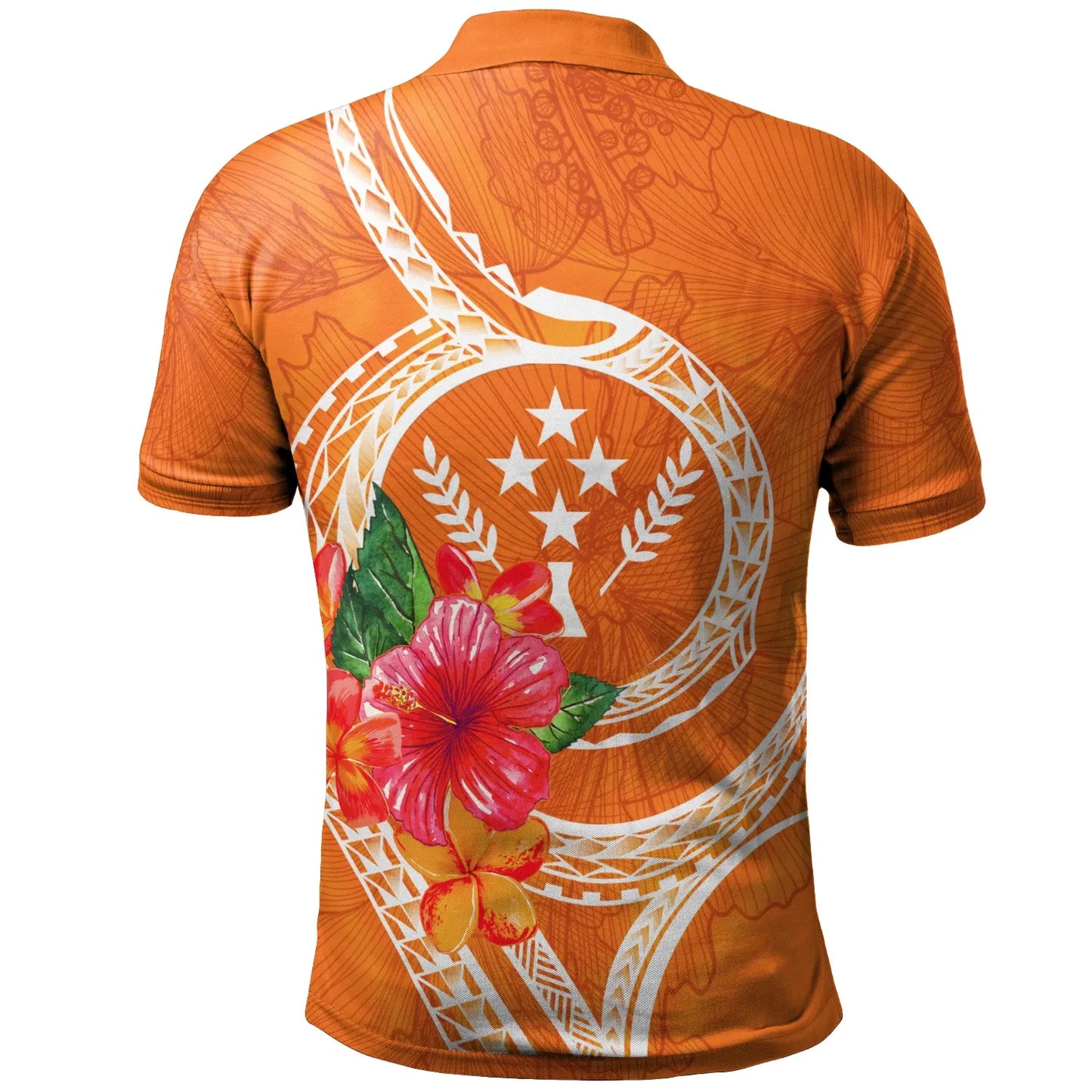 Kosrae Polynesian Polo Shirt - Orange Floral With Seal