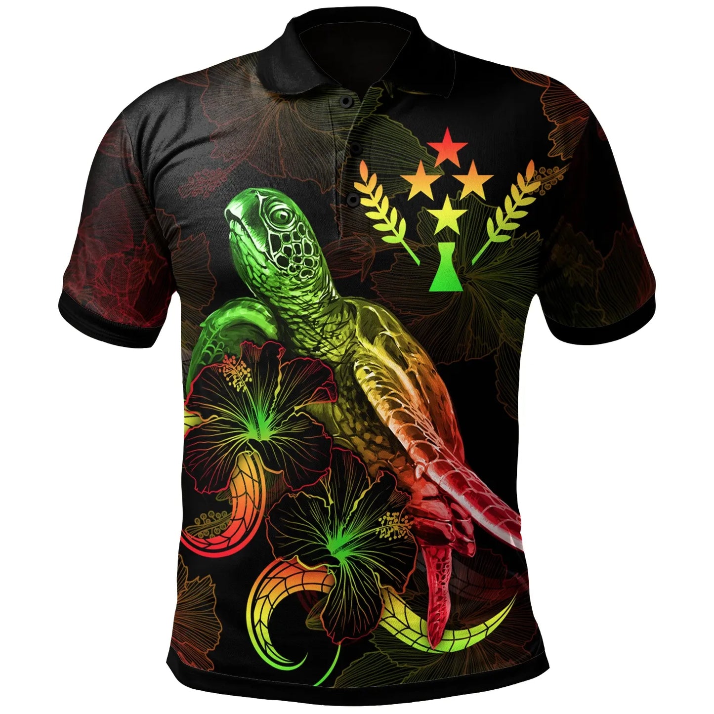 Kosrae Polynesian Polo Shirt - Turtle With Blooming Hibiscus Reggae