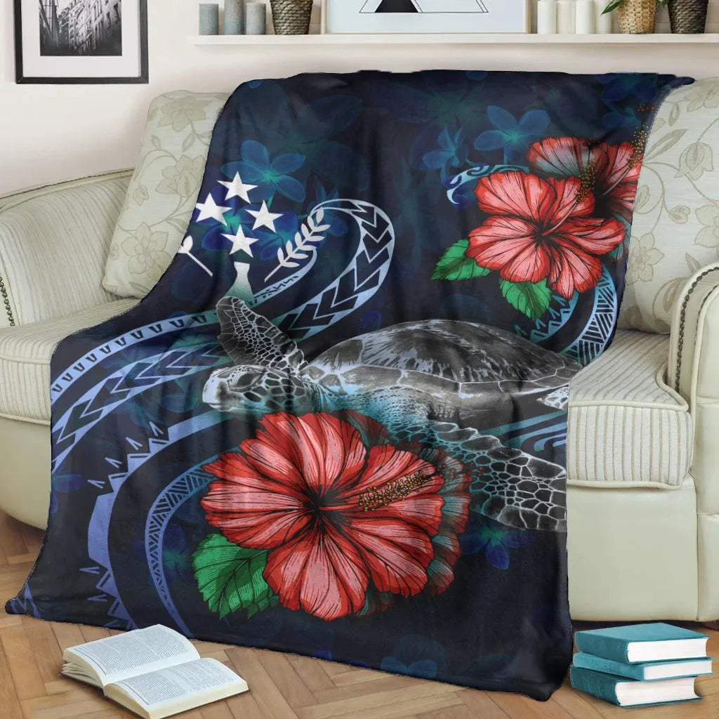 Kosrae Polynesian Premium Blanket - Blue Turtle Hibiscus