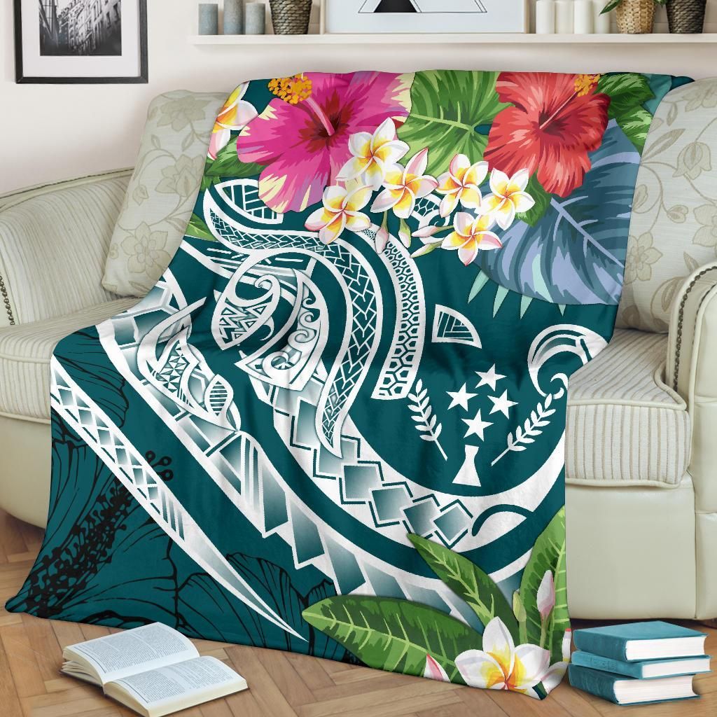 Kosrae Polynesian Premium Blanket - Summer Plumeria (Turquoise)