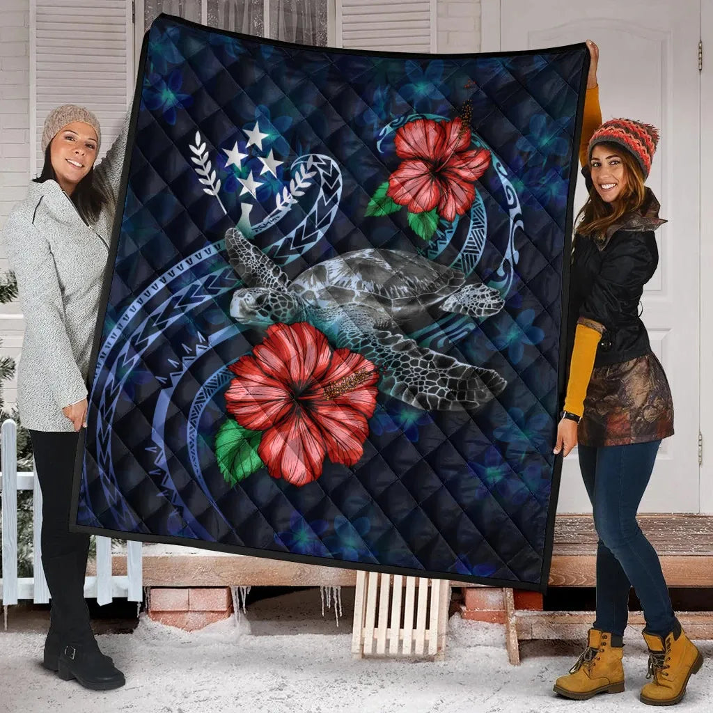 Kosrae Polynesian Premium Quilt - Blue Turtle Hibiscus