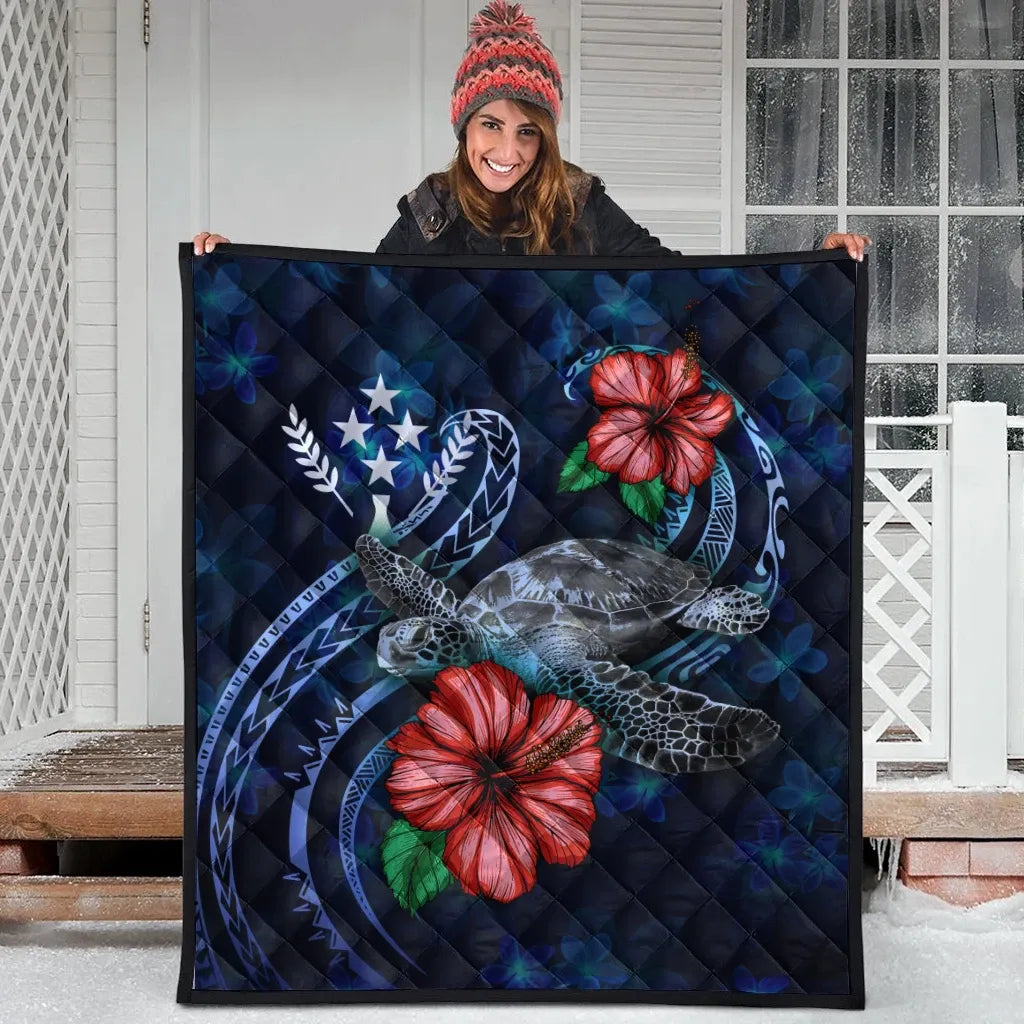 Kosrae Polynesian Premium Quilt - Blue Turtle Hibiscus