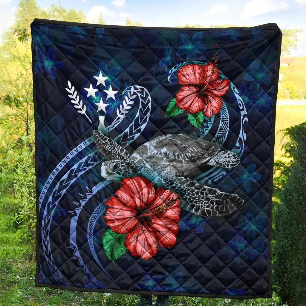 Kosrae Polynesian Premium Quilt - Blue Turtle Hibiscus