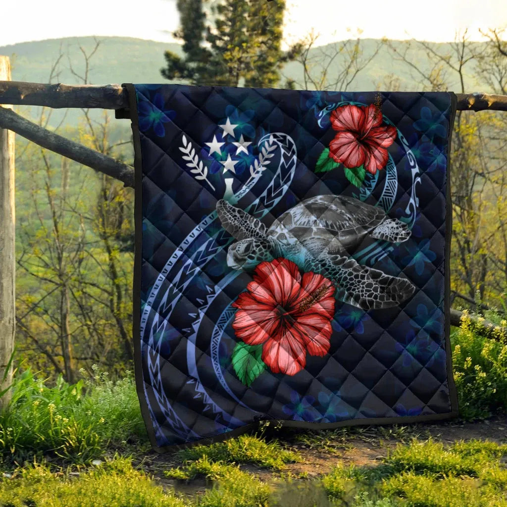 Kosrae Polynesian Premium Quilt - Blue Turtle Hibiscus