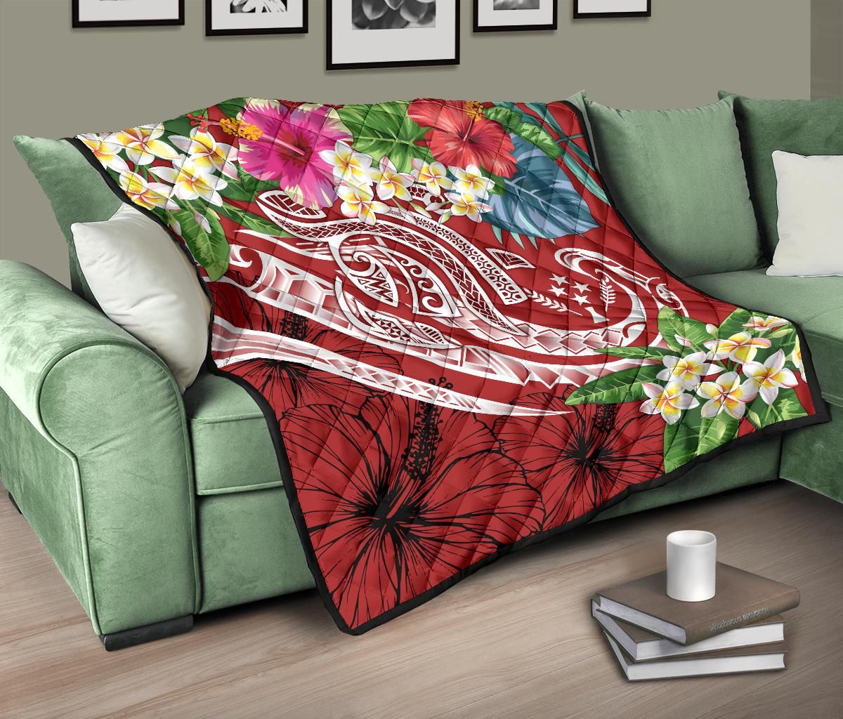 Kosrae Polynesian Premium Quilt - Summer Plumeria (Red)