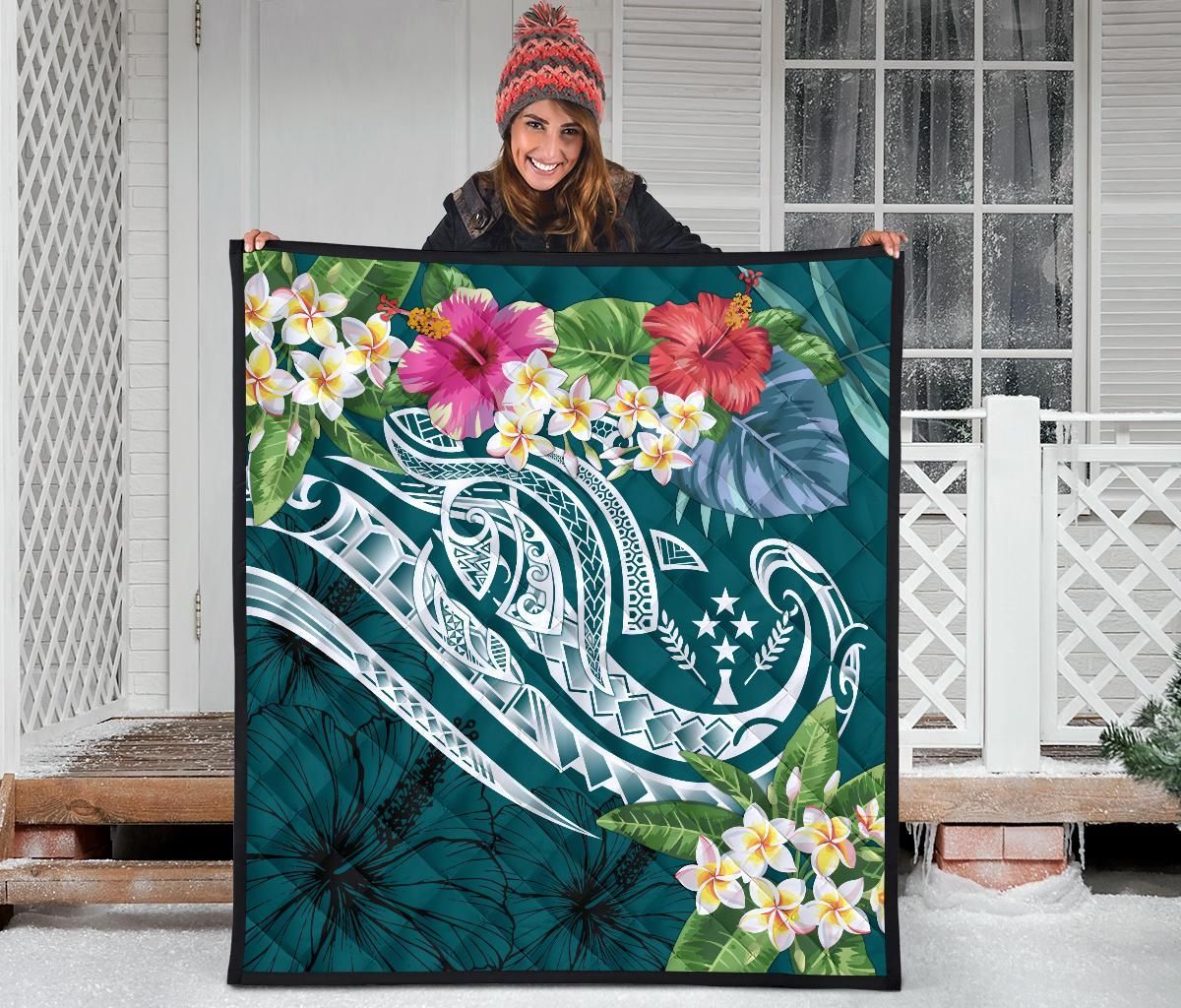 Kosrae Polynesian Premium Quilt - Summer Plumeria (Turquoise)