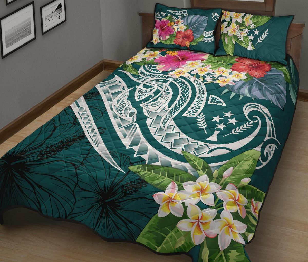 Kosrae Polynesian Quilt Bed Set - Summer Plumeria (Turquoise)
