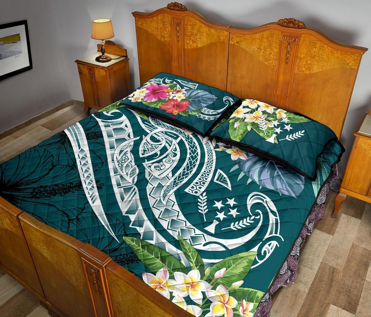 Kosrae Polynesian Quilt Bed Set - Summer Plumeria (Turquoise)