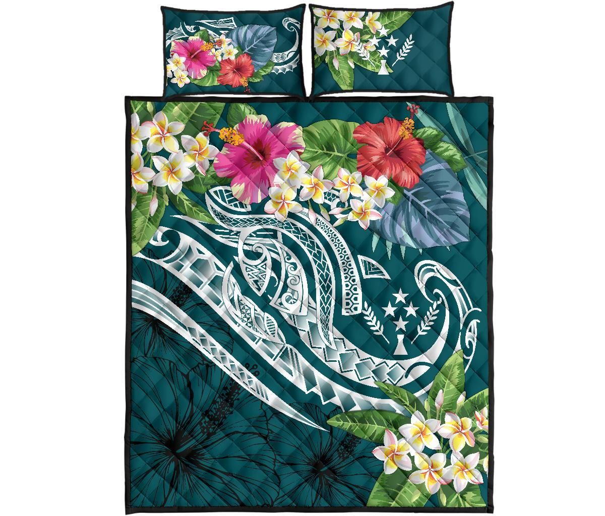 Kosrae Polynesian Quilt Bed Set - Summer Plumeria (Turquoise)
